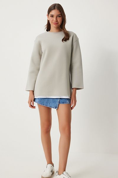 Happiness İstanbul Steingraues Oversize-Sweatshirt für Damen - Rastergestrickt NJ00131