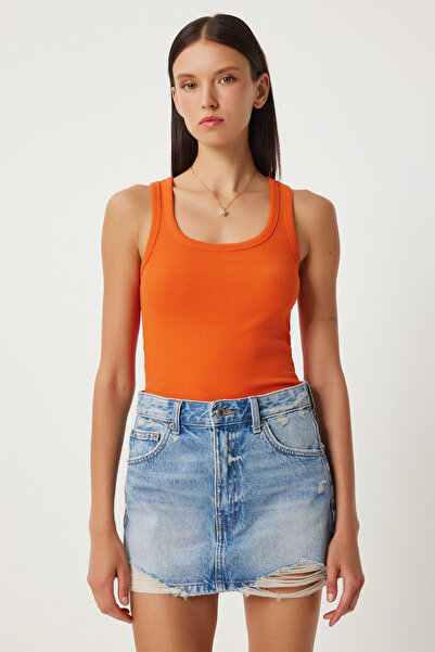 Happiness İstanbul Orange Corded Women's Tank Top - Thick Strap, Knitted HJ00009