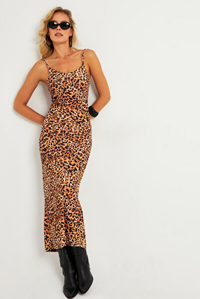 Cool & Sexy Rochie maxi de Anul Nou cu imprimeu leopard negru Camel - Bretele GÇ184