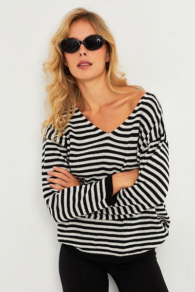 Cool & Sexy Lockere Damenbluse mit V-Ausschnitt, Ecru-Schwarz, Strickwaren – YV283
