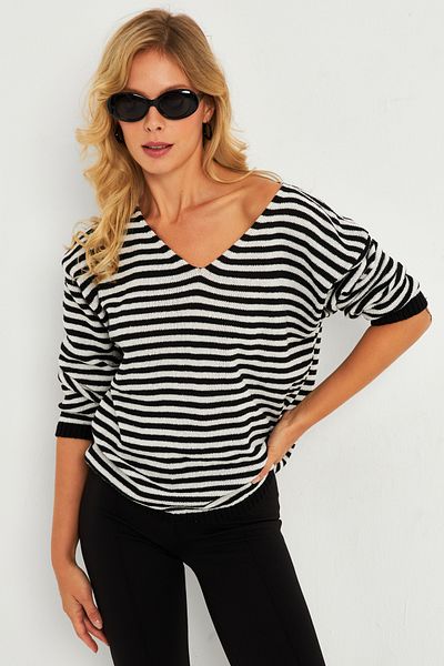 Cool & Sexy Lockere Damenbluse mit V-Ausschnitt, Ecru-Schwarz, Strickwaren – YV283