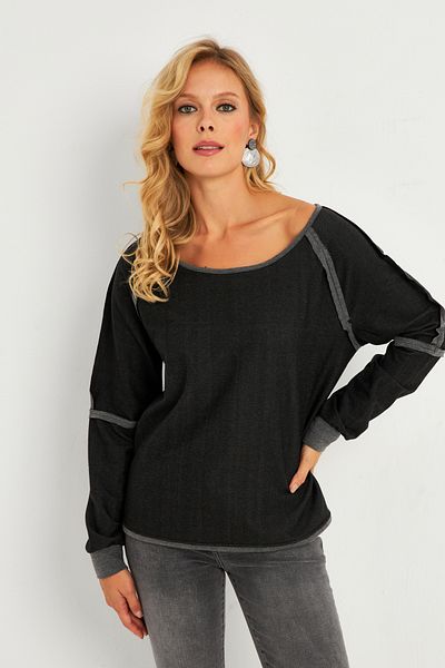Cool & Sexy Anthracite Color Boat Neck Reverse Stitched Women's Sweatshirt - Tf10