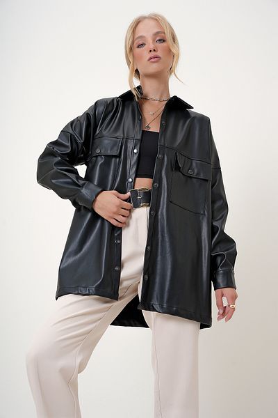 Trend Alaçatı Stili Black FauX Leather Oversize Jacket - Snap Closure, Double Pocket ALC-X12518