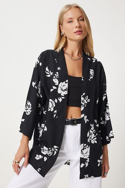 Happiness İstanbul Schwarzer gemusterter Viskose-Kimono für Damen EN00615