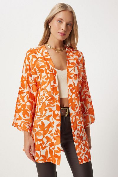 Happiness İstanbul Damskie kimono wiskozowe pomarańczowe wzorzyste EN00615