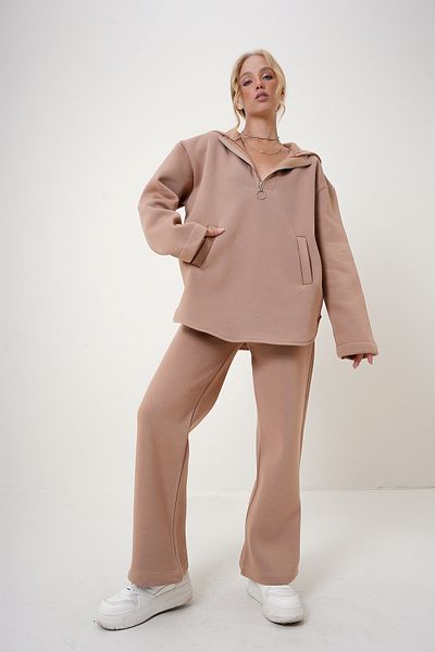 Trend Alaçatı Stili CamEl WomEn's Tracksuit SEt - HoodEd, ZippErEd, DoublE PockEt, 3 ThrEad Ribbon InsidE ALC-X12500