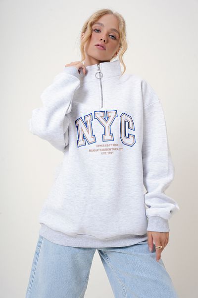 Trend Alaçatı Stili Grimelange Damen Oversize Sweatshirt - Stehkragen, bestickter Reißverschluss, 3-Faden-Raster UniseX ALC-X12502