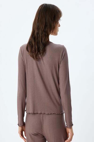 Koton Modal Fabric Long Sleeve Knitted Pajama Top - Crew Neck