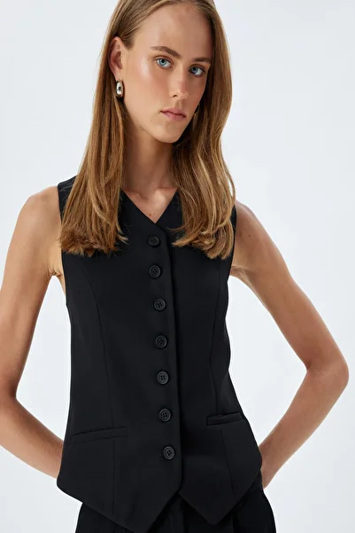 Koton V-Neck Double Breasted Blazer Vest - Buttoned and Pocketed