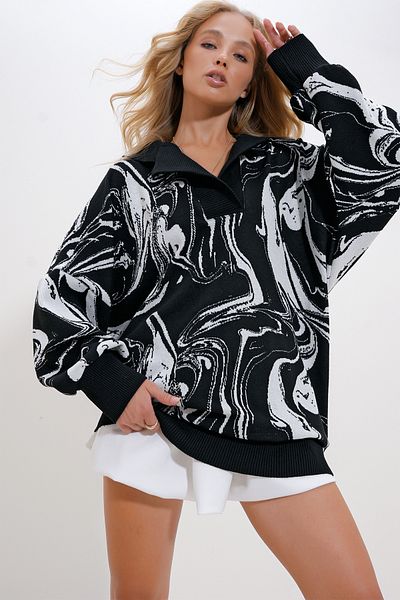 Trend Alaçatı Stili Gemustertes Damen-Sweatshirt aus Strick mit Polokragen - Schwarz/Weiß ALC-X12496