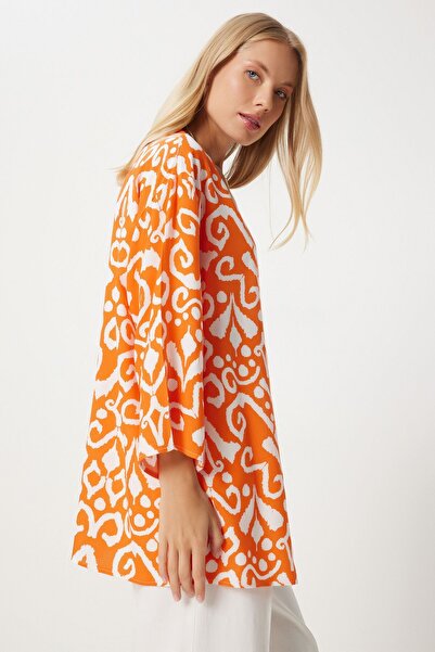 Happiness İstanbul Γυναικείο κιμονό βισκόζης με πορτοκαλί εκρού EN00615