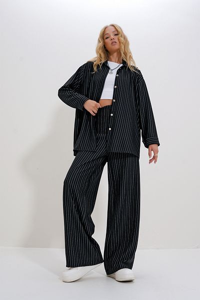 Trend Alaçatı Stili Black-white Striped Women's Shirt and Palazzo Pants Set - ALC-X12481