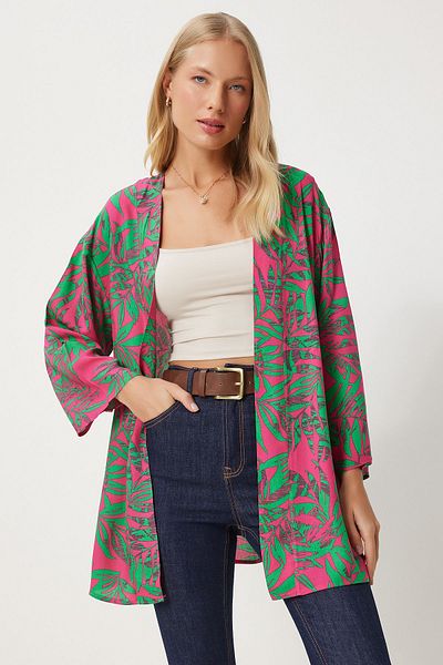 Happiness İstanbul Rosa-grün gemusterter Viskose-Kimono für Damen EN00615