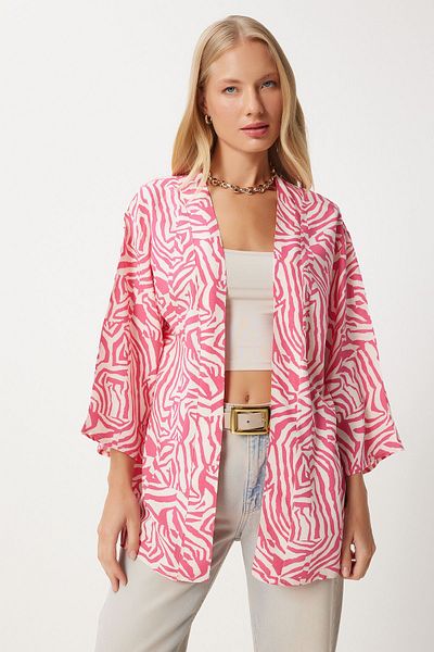 Happiness İstanbul Rosa gemusterter Viskose-Kimono für Damen EN00615