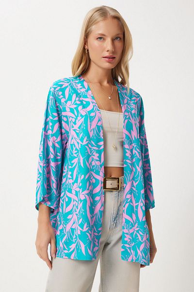 Happiness İstanbul Rosa und himmelblau gemusterter Viskose-Kimono für Damen EN00615