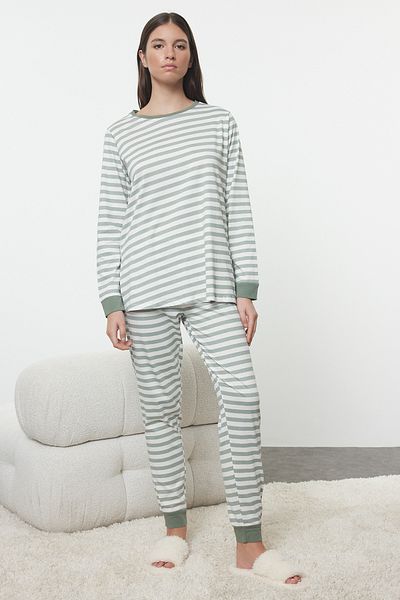 Trendyol Collection Mint Colored 100% Cotton Striped Pajamas Set - Slit Detail Thmaw21Pt0565