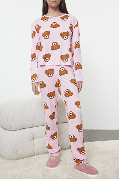 Trendyol Collection Rózsaszín 100% pamut Teddy Bear kötött pizsama szett THMAW23PT00514