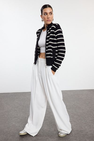 Trendyol Collection Black Striped Knitwear Cardigan with Stand Collar - TWOAW25HI00303