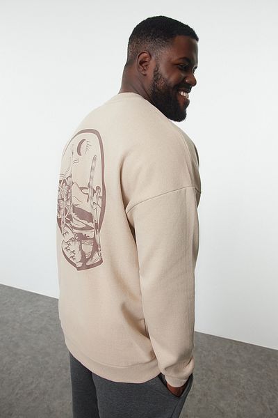 Trendyol Collection Plus Size Beige Fleece Sweatshirt - Crew Neck, Back Print, Wide Fit Tmnaw24Ao00004