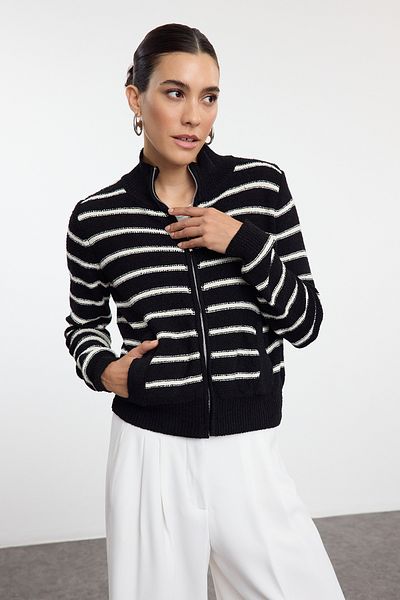 Trendyol Collection Black Striped Knitwear Cardigan with Stand Collar - TWOAW25HI00303