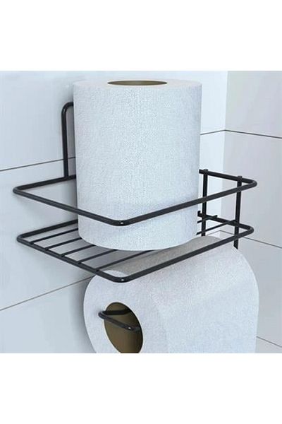 Buffer Black Modern Metal Design - Self-Adhesive Toilet Paper, Holder and Spare Shelf