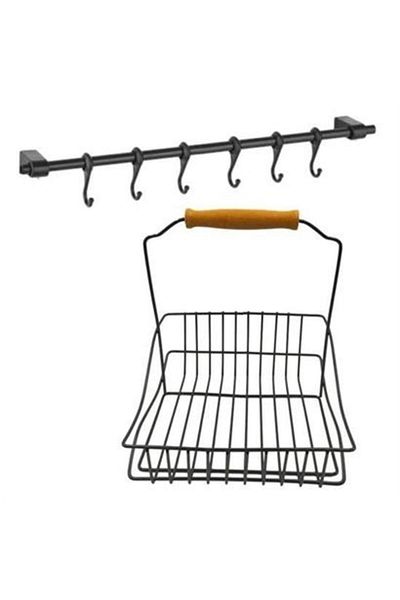 Buffer Shopzum Retro Black Kitchen Basket with Wooden Handle - Organizer with Wrought Iron Hanger