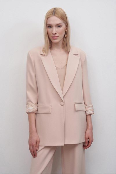 Sateen 1405-6020 سترة نسائية بيج مبطنة بالحمار الوحشي