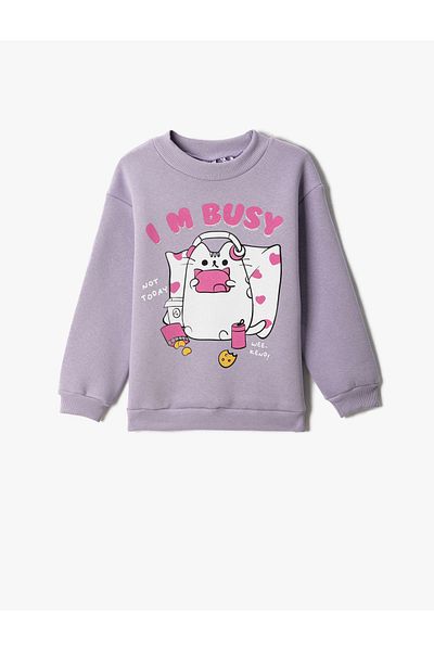 Koton Sweatshirt mit Katzenmuster, langärmlig, gerippter Rundhalsausschnitt