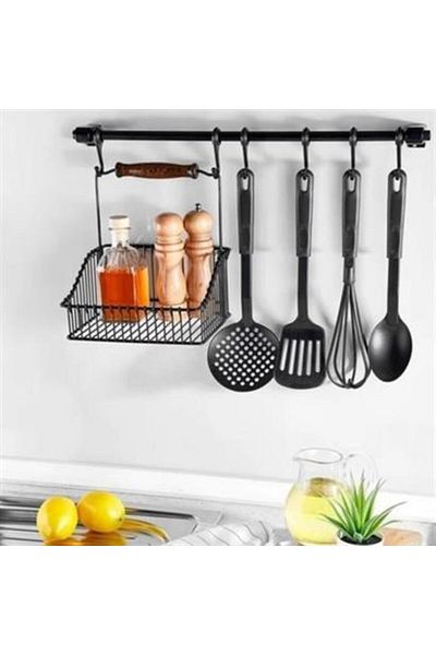 Buffer Shopzum Retro Black Kitchen Basket with Wooden Handle - Organizer with Wrought Iron Hanger