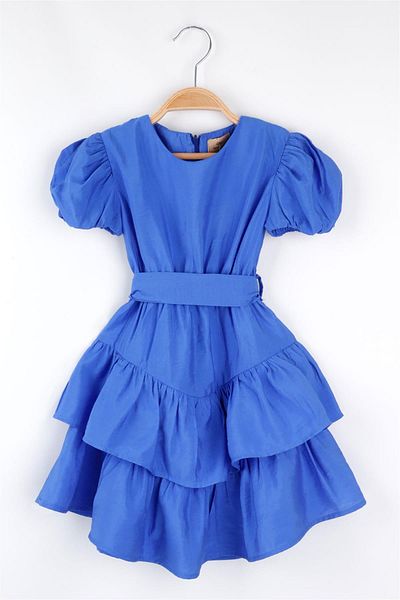 Le Mabelle Blue Belt Detailed Watermelon Sleeve Girl's Dress - Miley