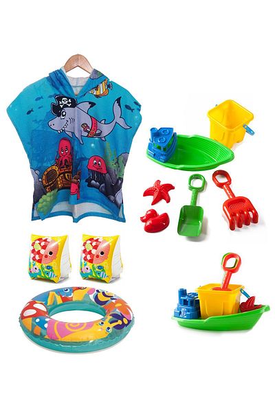 SUMMER Beach Towel and Swimming Sleeve Set for Kids - Bagel and Ship Sand Bucket