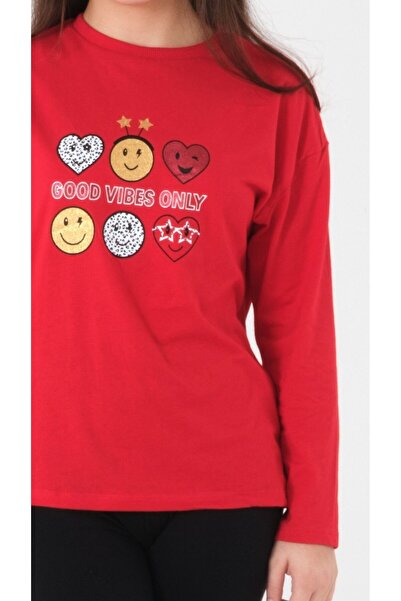 Kyron Κοριτσίστικα μακρυμάνικα μπλουζάκια με κόκκινο στάμπα - Good Vibes Only