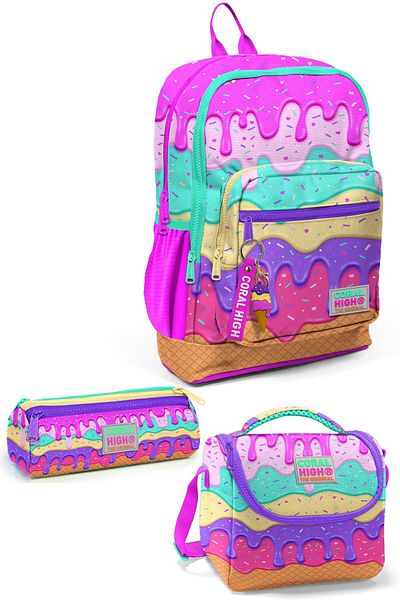 Coral High Set de geanți de școală pentru copii, roz, colorat, cu model înghețată, 3 piese0123731