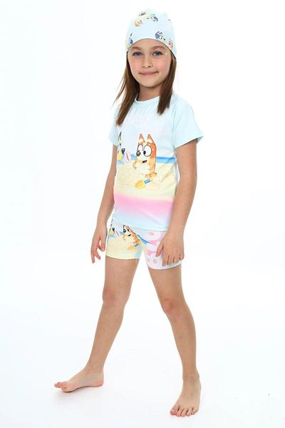 PODIUM GYM Bluey Patterned UV Protection Bonnet Swimsuit with Hat for Girl - Short Sleeve