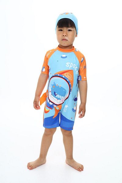 PODIUM GYM Boys' Swimsuit - New Dinosaur/Space Print, Kareoka Stitching, Long Sleeve, UV-Casino Cap, Zip-up