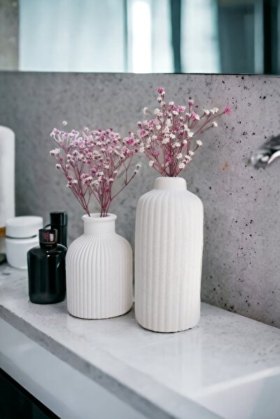 ALLEZA HOME Dekoratif Iskandinav Tarz Mini Ve Uzun Beton Vazo Set Ikili