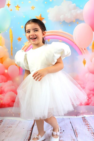 GÜL Baby Κοριτσίστικο φόρεμα, λευκό μπαλόνι μανίκι, φόρεμα tutu, φόρεμα γενεθλίων, βραδινό φόρεμα, χριστουγεννιάτικο