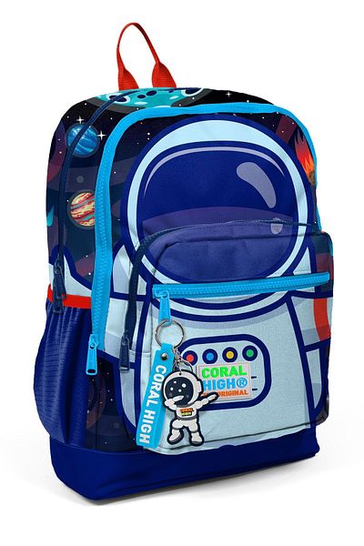 Coral High Kids Saks Blue Astronaut Patterned Four Compartment School Backpack 23724