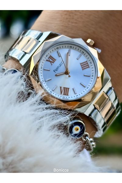 Ferrucci Dear Couple with Wrist Watch and Bracelet Gift - Steel Band, Silver/Rose Color