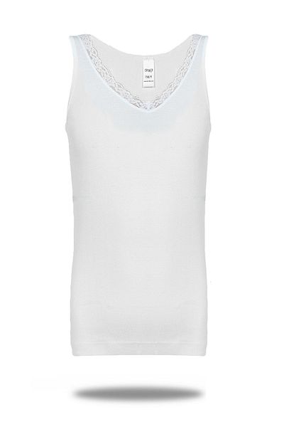 FSM1453 Tricou pentru fete din bumbac cu nervuri, cu decolteu în V, cu bretele groase, dantelă, clasic, pachet de 6 -250