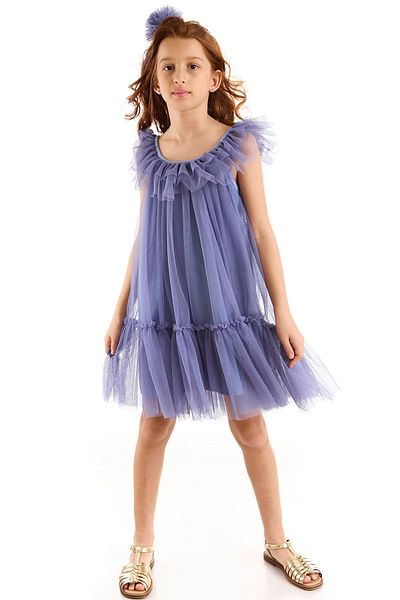 Colorinas April Girl's Party Dress with Shiny Piping Collar and Ruffled Skirt
