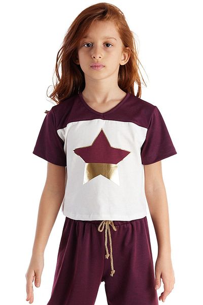 Colorinas Tricou cu mânecă scurtă pentru fetiță cu stele din folie de culoare burgundă