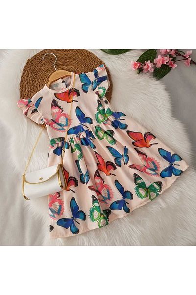 aden kids Girl's Dress - Colorful Butterfly Pattern, Crepe, 2-8 YEARS
