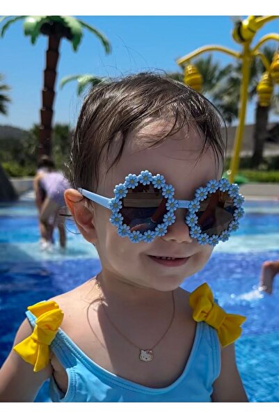 ADEN BEBEK AKSESUARLARI Çiçek Çerçeveli Kız Çocuk Güneş Gözlüğü Mavi Renk(SAD...