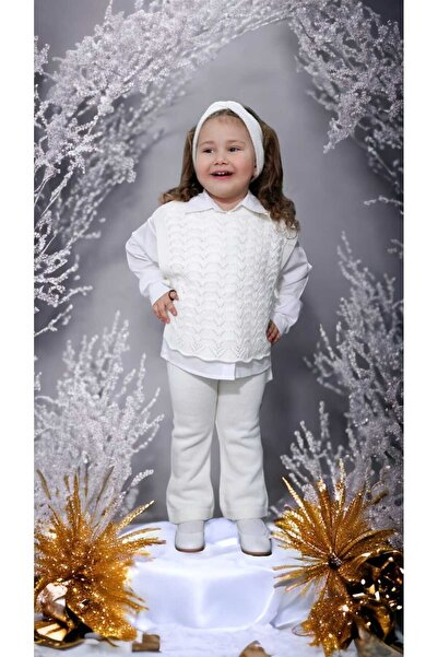 Meriç bebe Girl's 3-Piece Knitwear Set with Hair Band, Trousers, Open Sides and Tie Detail, Openwork Knitted Sweaters