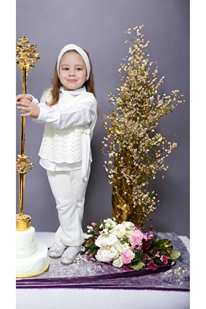 Meriç bebe Girl's 3-Piece Knitwear Set with Hair Band, Trousers, Open Sides and Tie Detail, Openwork Knitted Sweaters