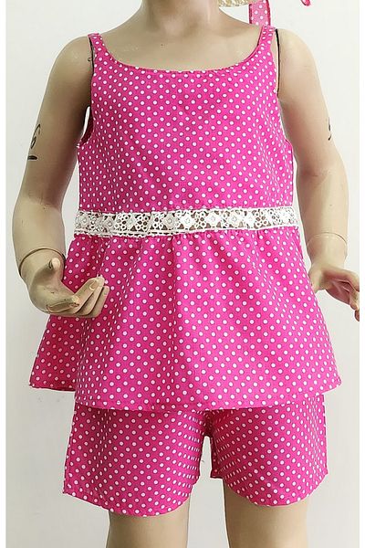 minikiss Rochie detaliată din guipură cu pantaloni scurți cu buline pentru fetiță - Set 3 piese cu pălărie și bretele