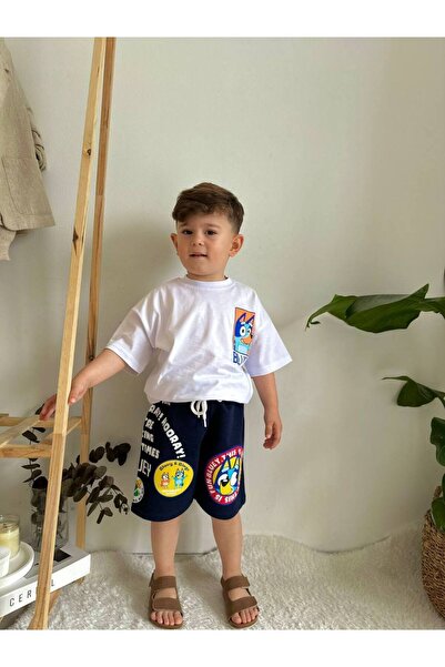 JELİBOOM طقم شورت أطفال مطبوع باللون الأزرق