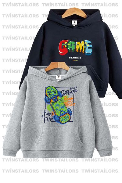 twins tailors Унисекс Детски суичър с качулка и щампа със скейтборд в тъмносиньо-сив цвят