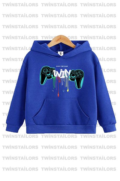 twins tailors Унисекс суитшърт с качулка и щампа с принт на игрова конзола - саксофонно синьо/тъмносиньо, пакет от 2